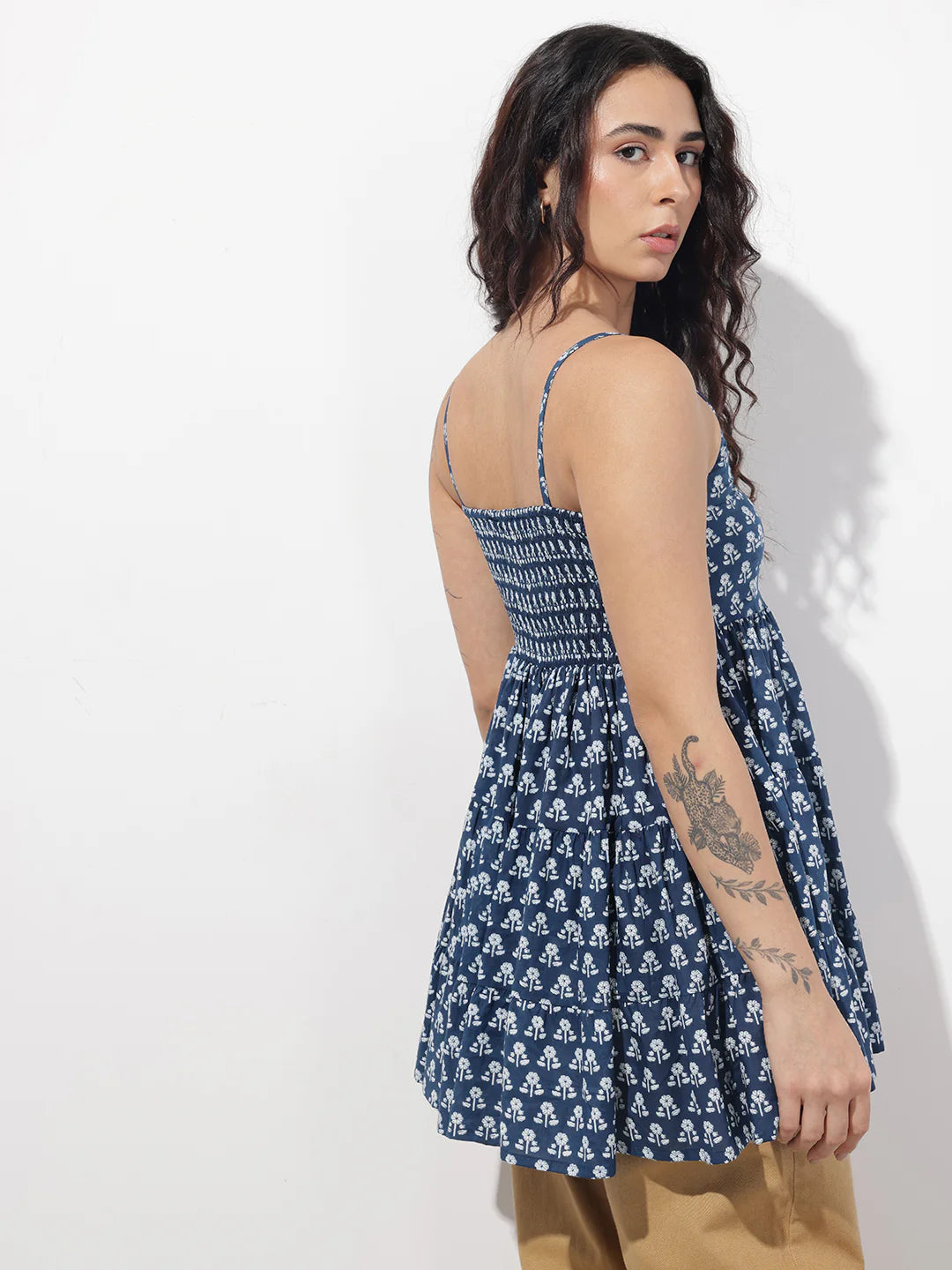 Blue Floral Shoulder Straps Gather Tier Top
