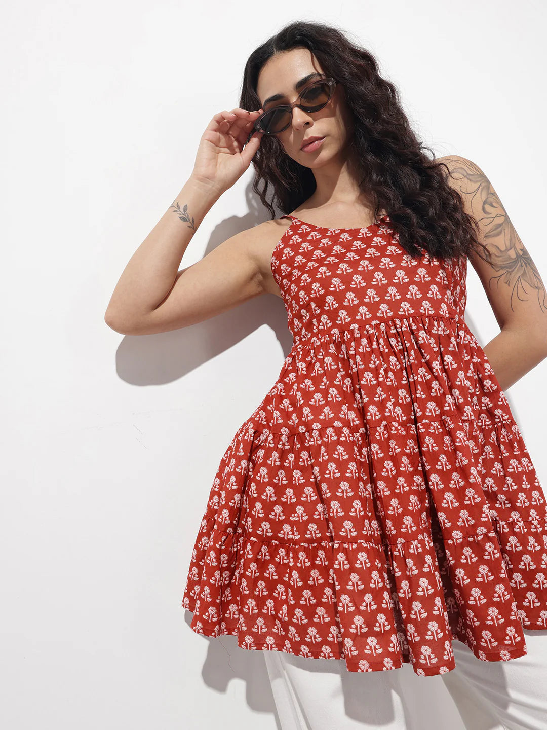 Red Floral Shoulder Straps Gather Tier Top