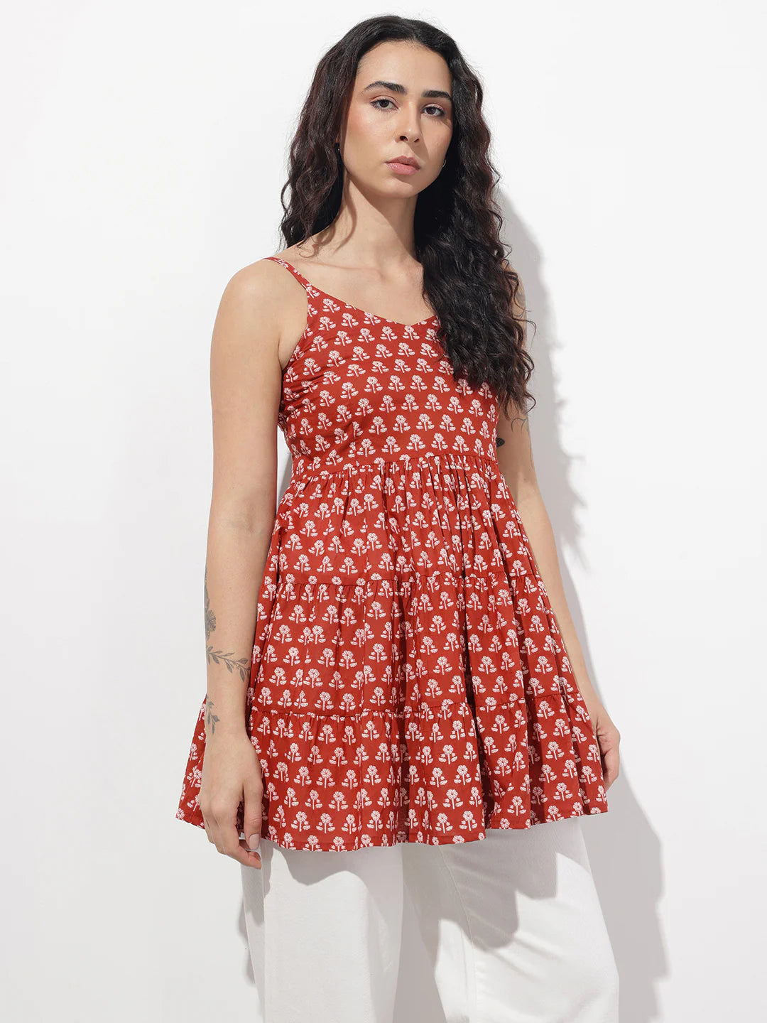 Red Floral Shoulder Straps Gather Tier Top