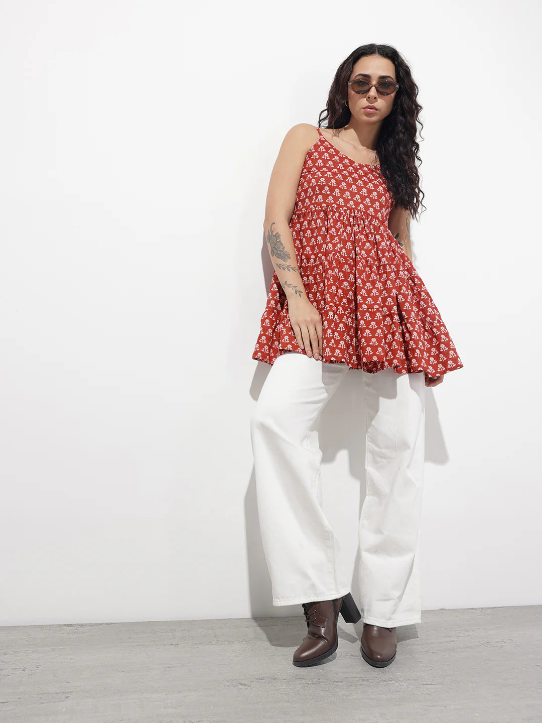 Red Floral Shoulder Straps Gather Tier Top