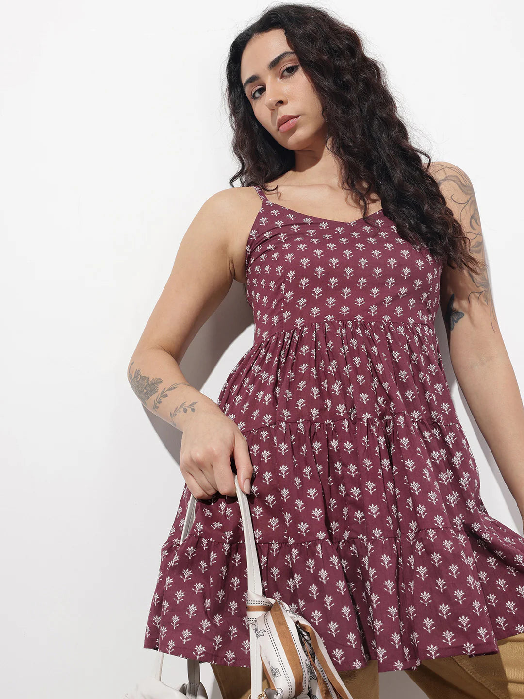 Burgundy Floral Shoulder Straps Gather Tier Top