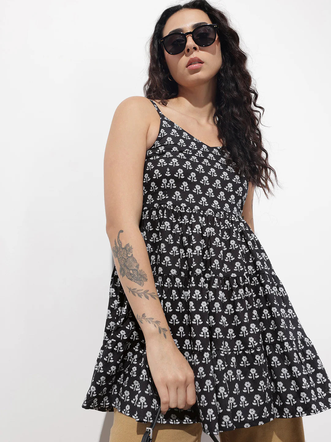 Black Floral Shoulder Straps Gather Tier Top