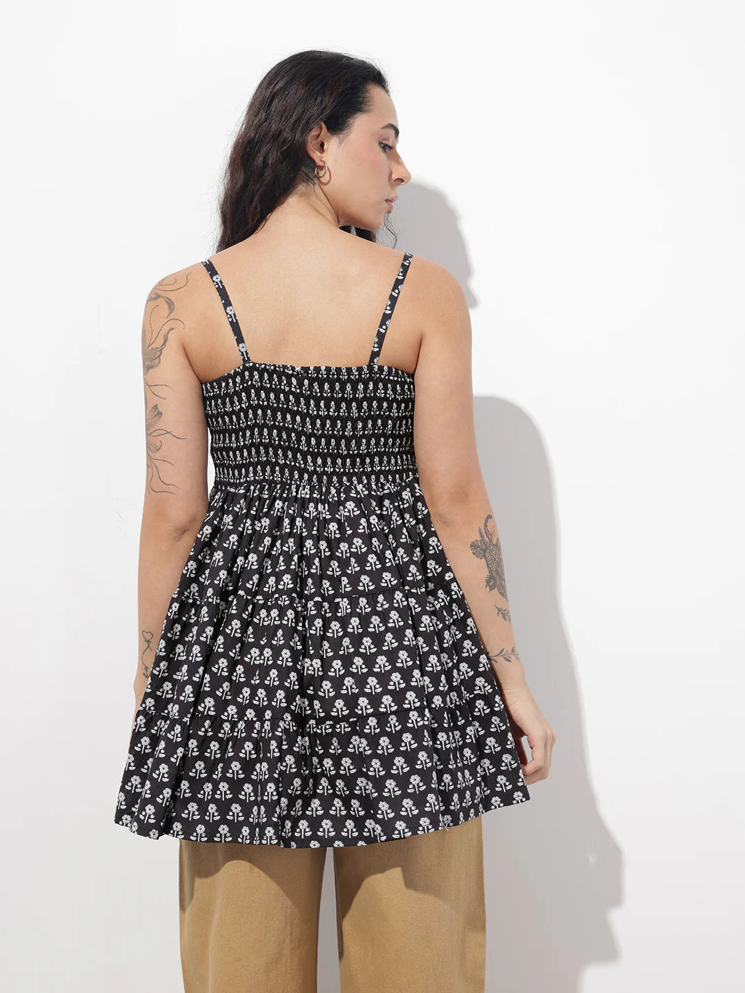 Black Floral Shoulder Straps Gather Tier Top