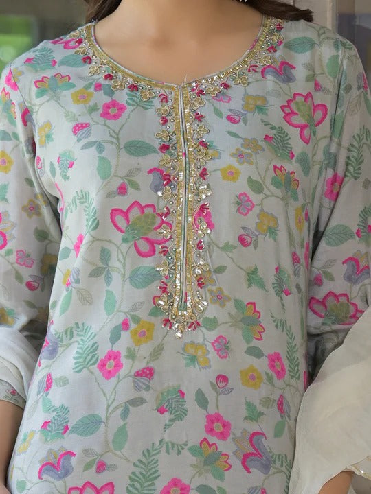 Light Grey Floral Print Muslin Kurta Trouser with Dupatta