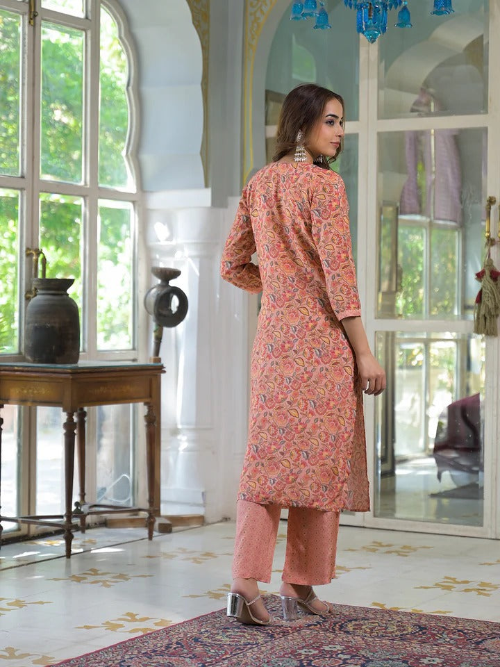 Peach Floral Print Muslin Embroidred Kurta Trouser with Dupatta