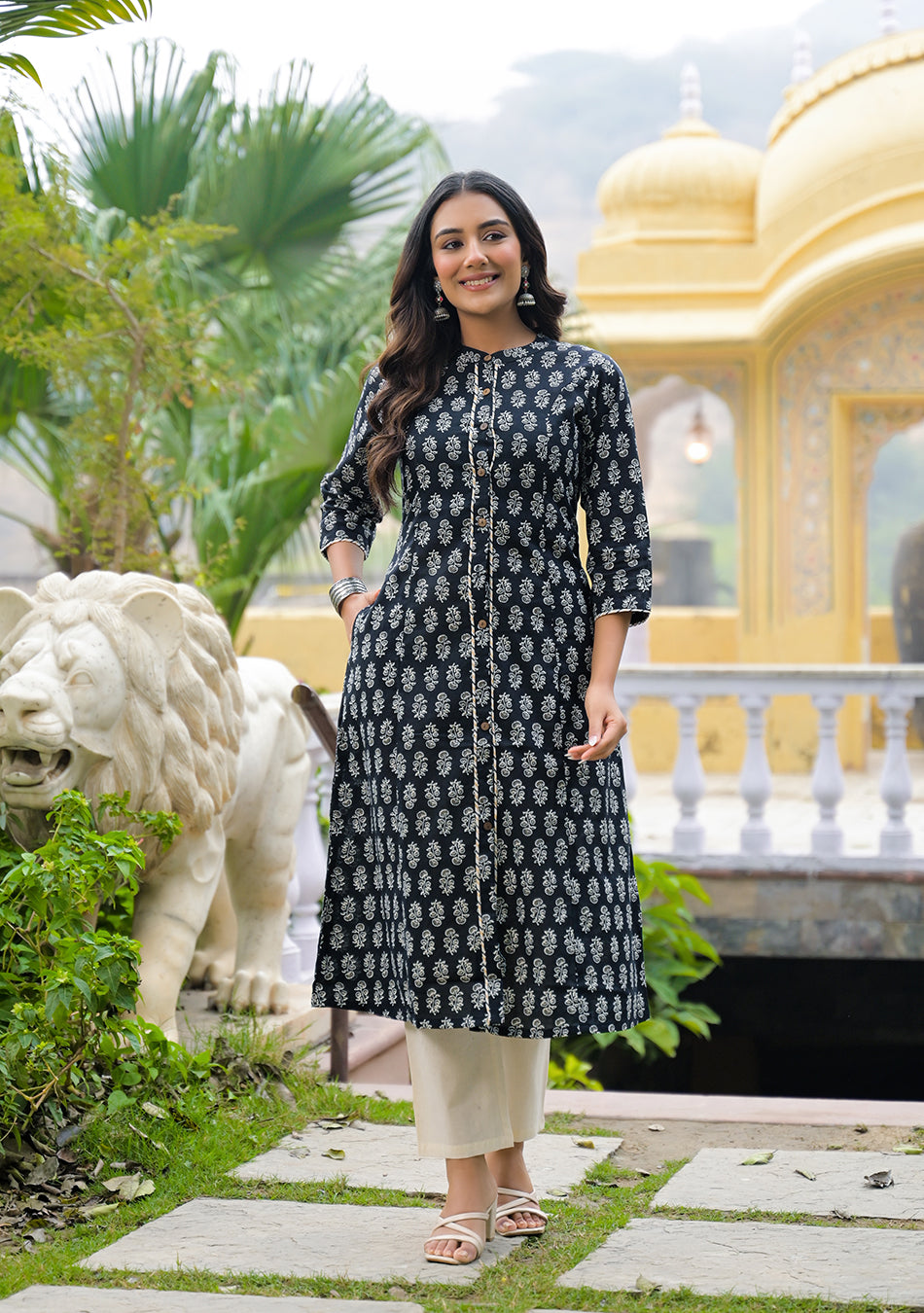 Black Cotton Classic A-Line Kurta