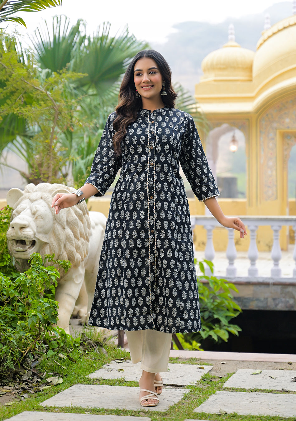 Black Cotton Classic A-Line Kurta