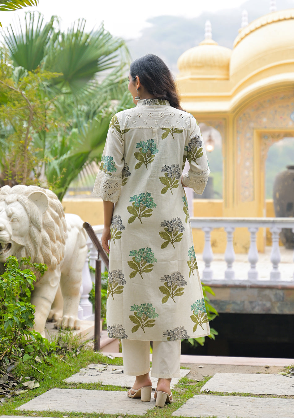 Aravalii Green Floral Schiffli Kurta
