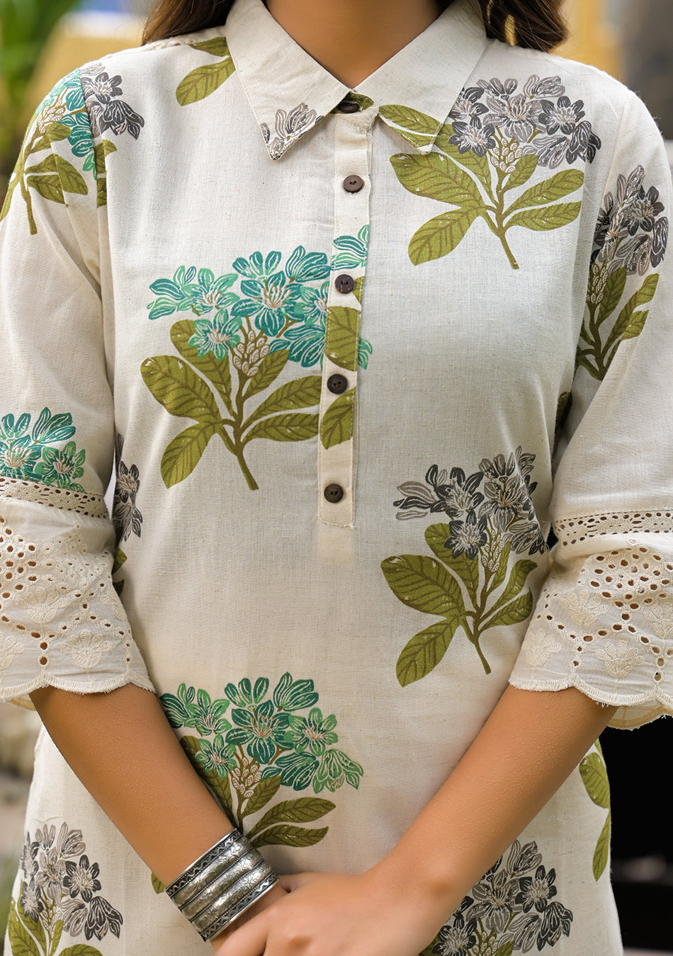 Aravalii Green Floral Schiffli Kurta