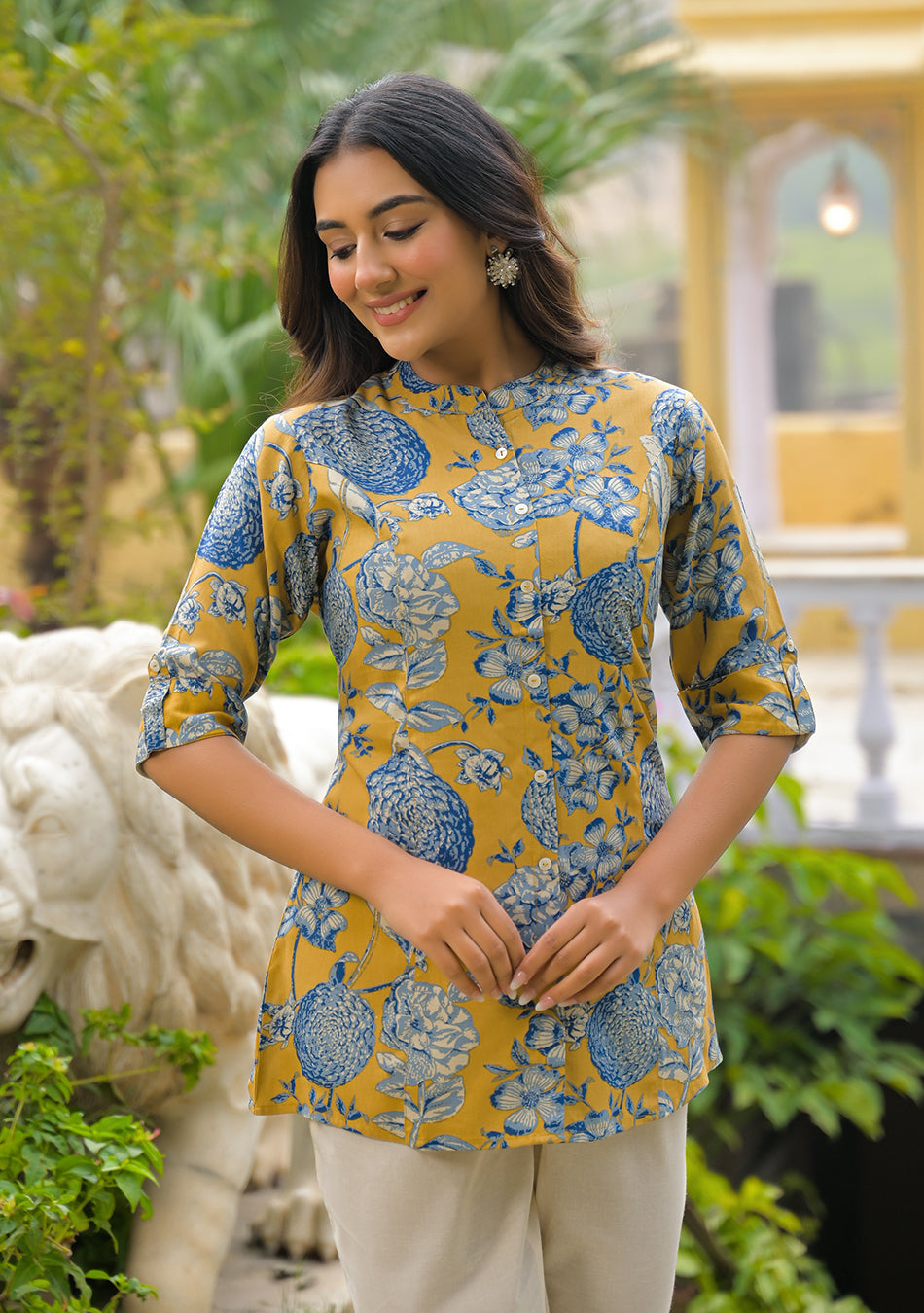 Mustard bloom Rollup Sleeves A-Line Top