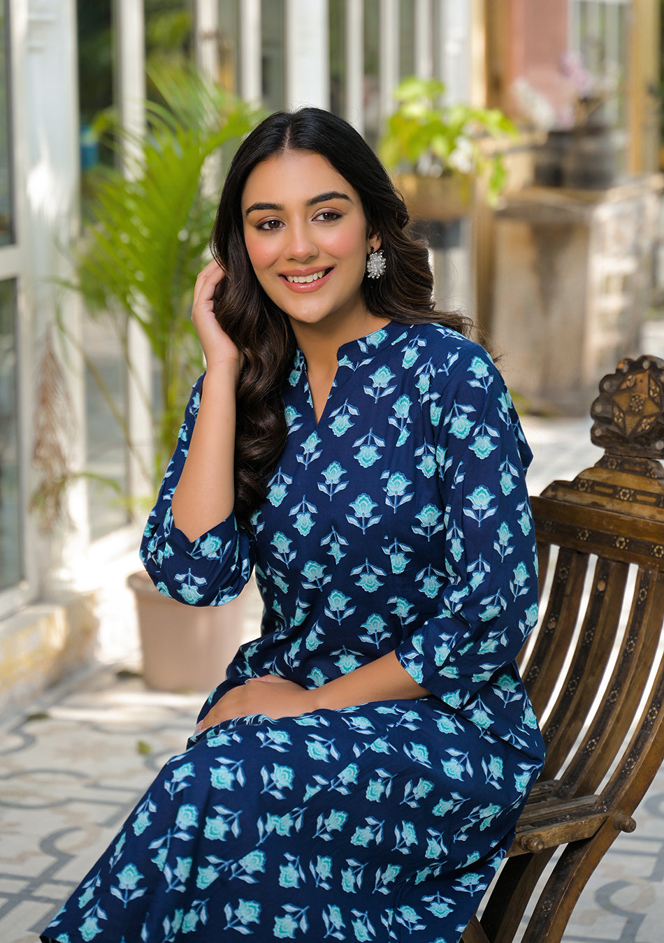 Teal Flower A-Line Kurta