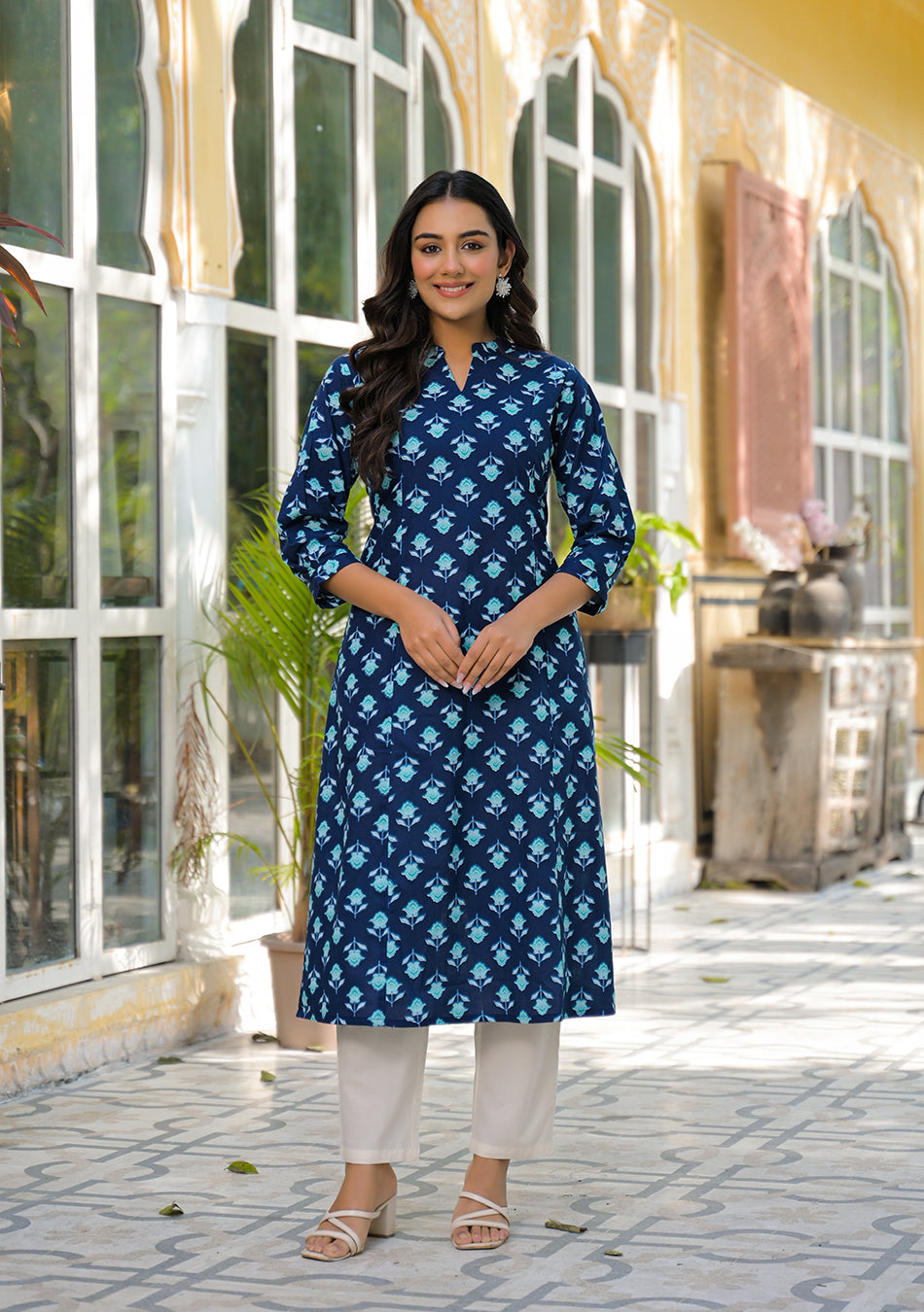 Teal Flower A-Line Kurta