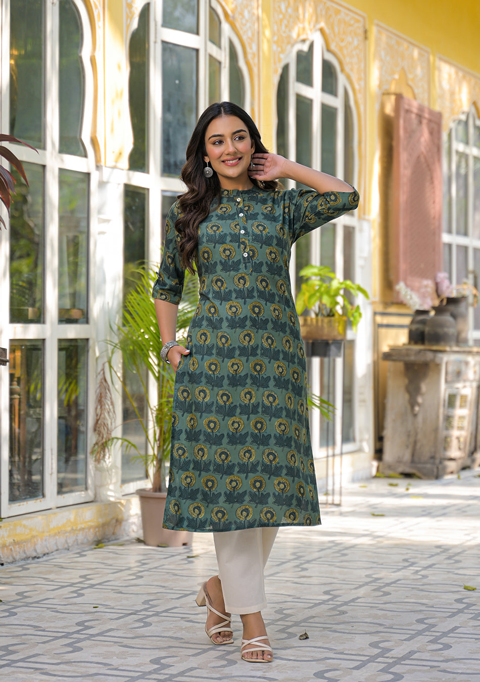 Aravalii Teal Mustard Floral Buta Kurta