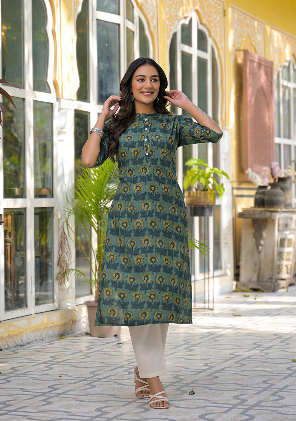Aravalii Teal Mustard Floral Buta Kurta