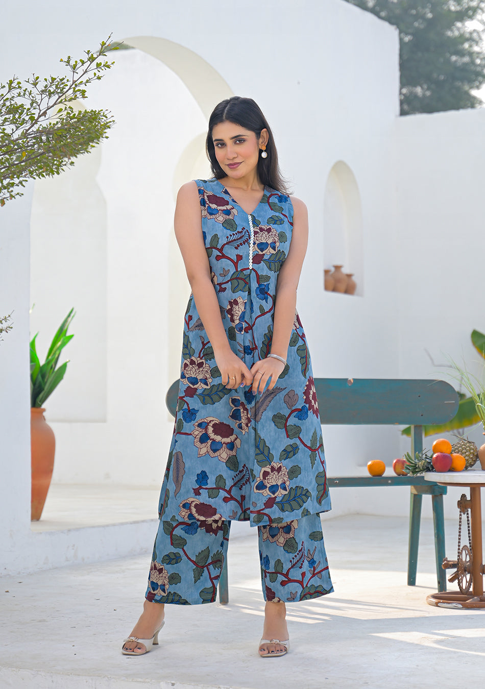 Aravalii Dusty Blue Floral Vine Co-ord Set