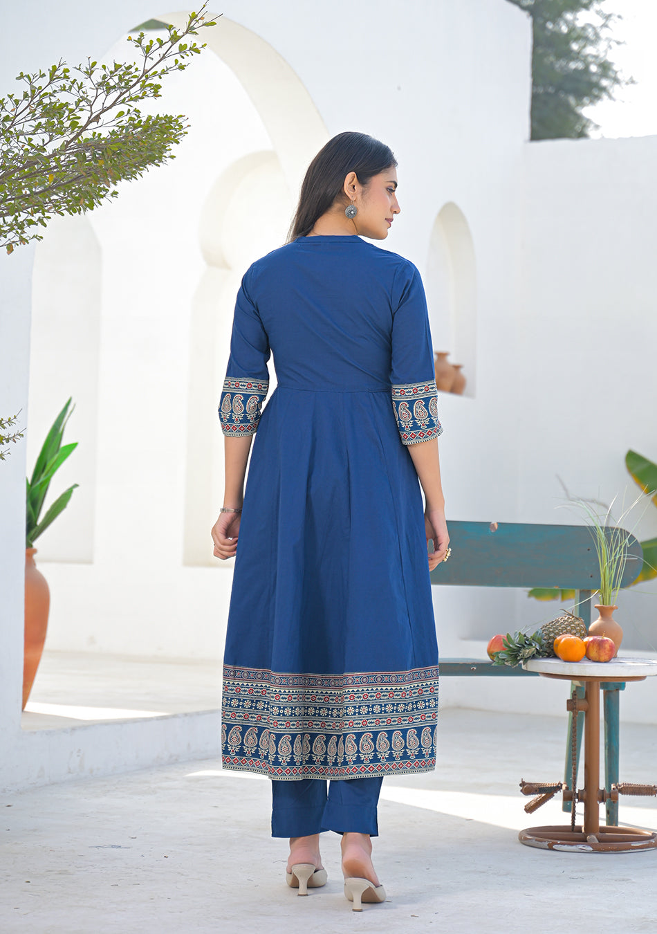 Blue Paisley Printed Cotton Anarkali Kurta Pant Set With Dupatta