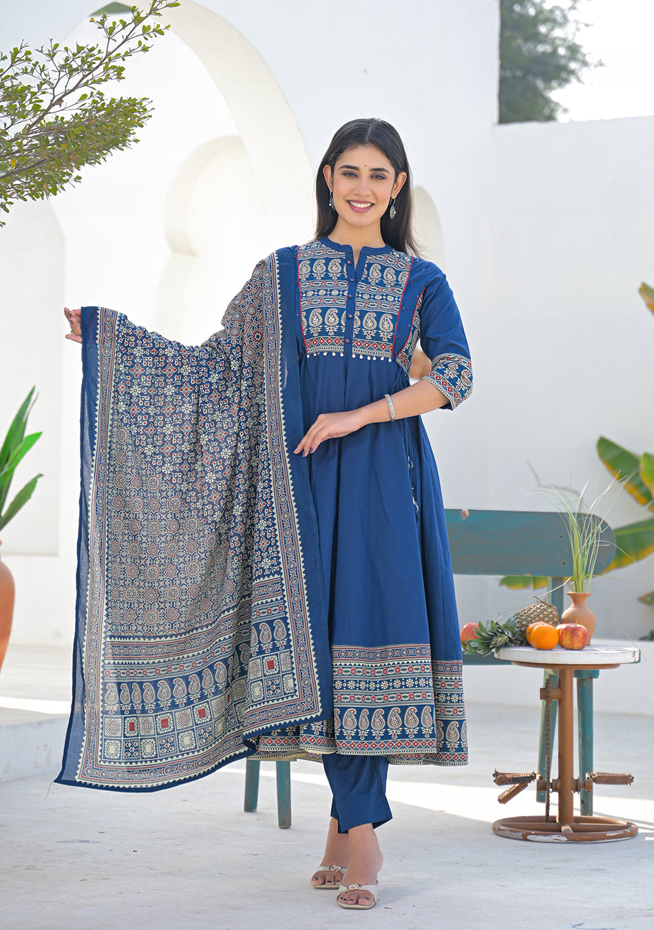 Blue Paisley Printed Cotton Anarkali Kurta Pant Set With Dupatta