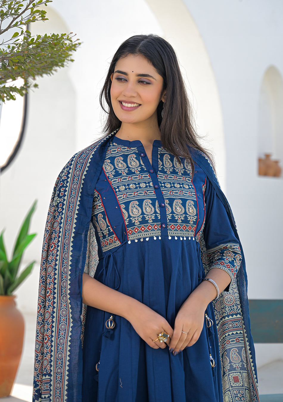 Blue Paisley Printed Cotton Anarkali Kurta Pant Set With Dupatta
