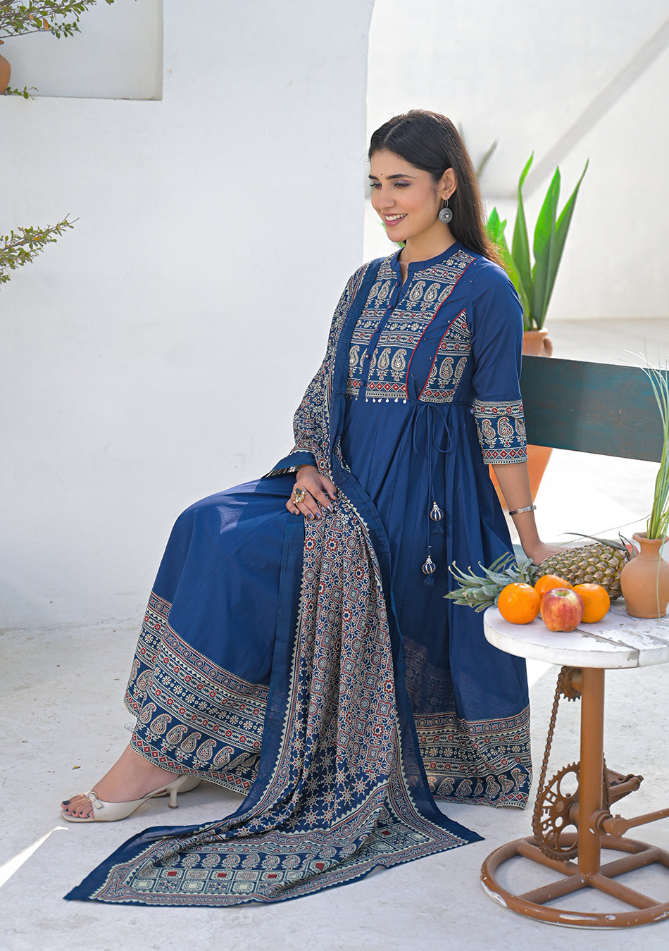 Blue Paisley Printed Cotton Anarkali Kurta Pant Set With Dupatta