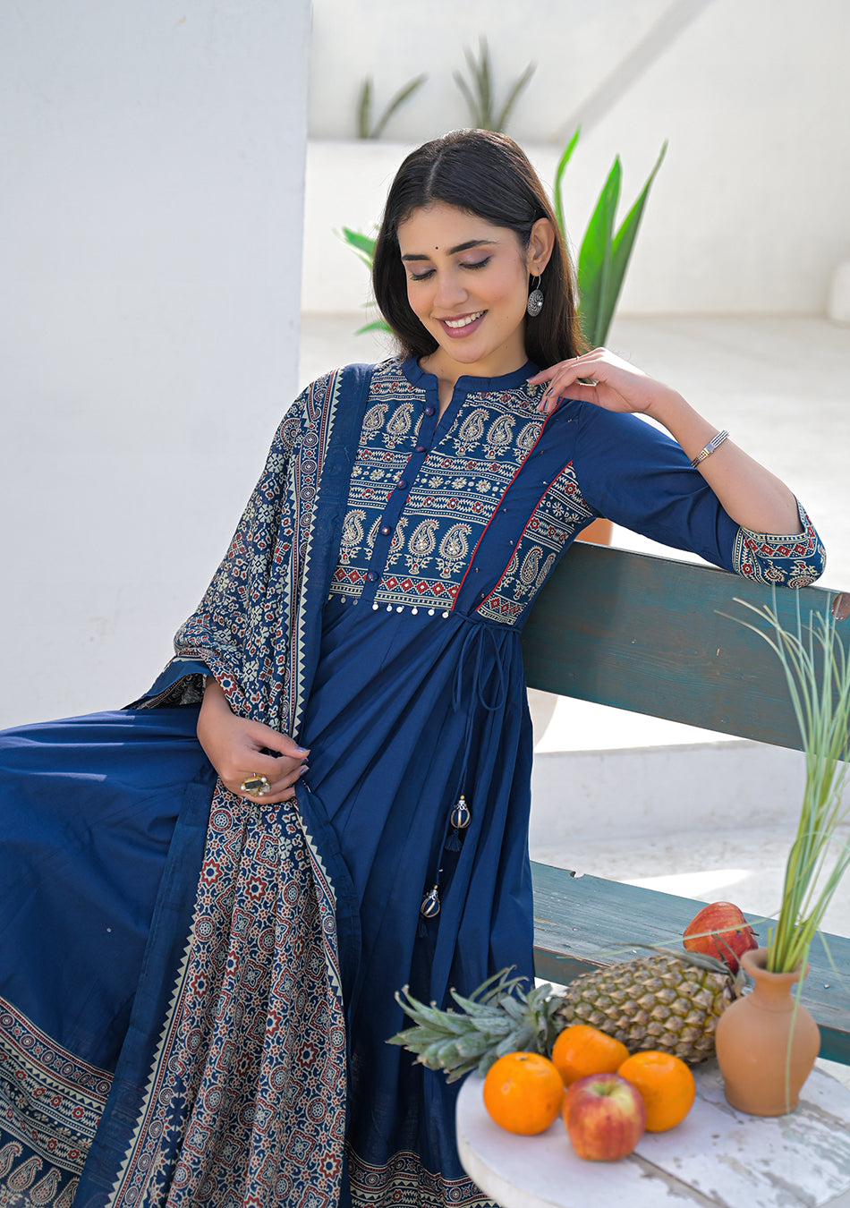 Blue Paisley Printed Cotton Anarkali Kurta Pant Set With Dupatta