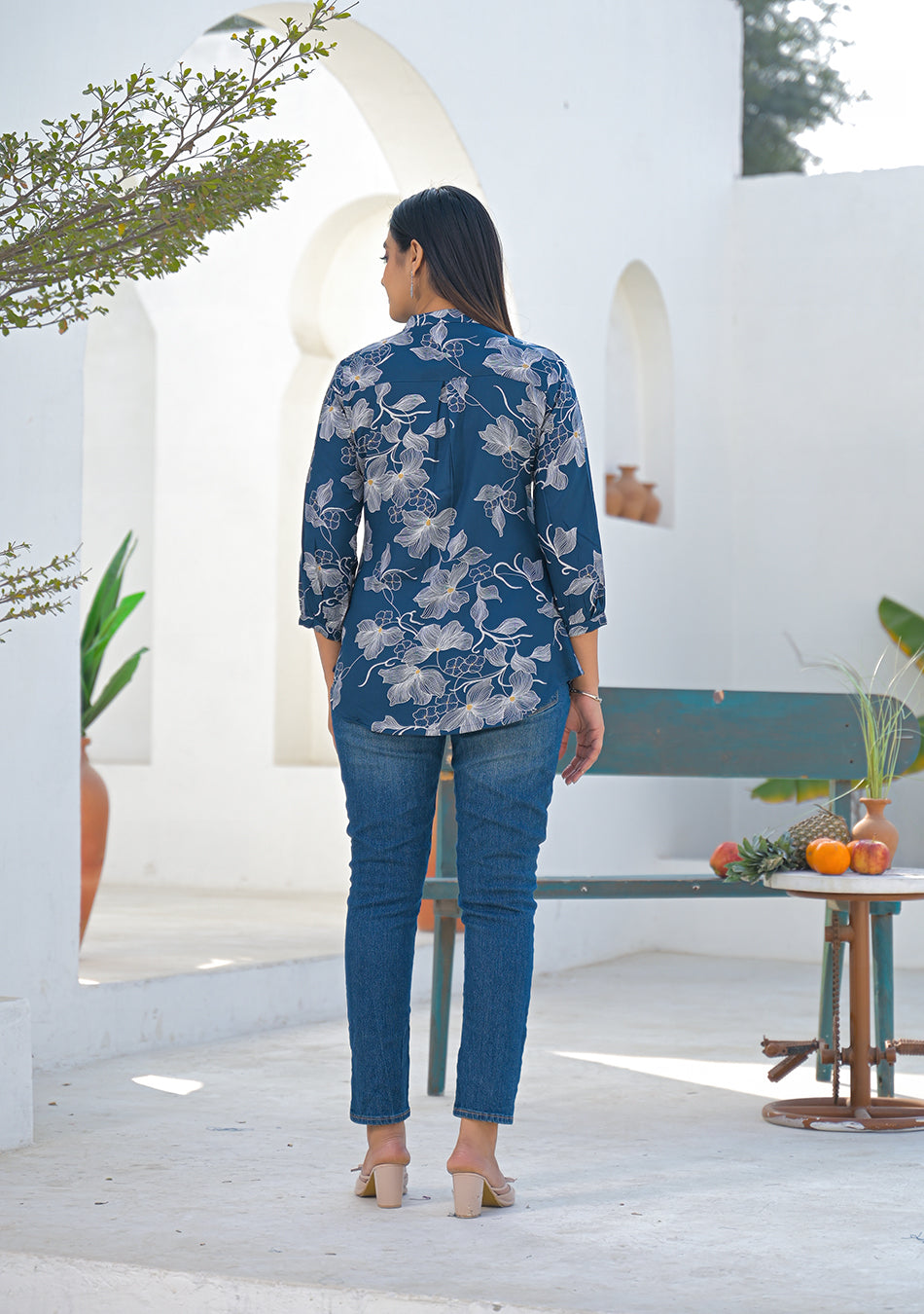 Aravalii ink blue floral print top