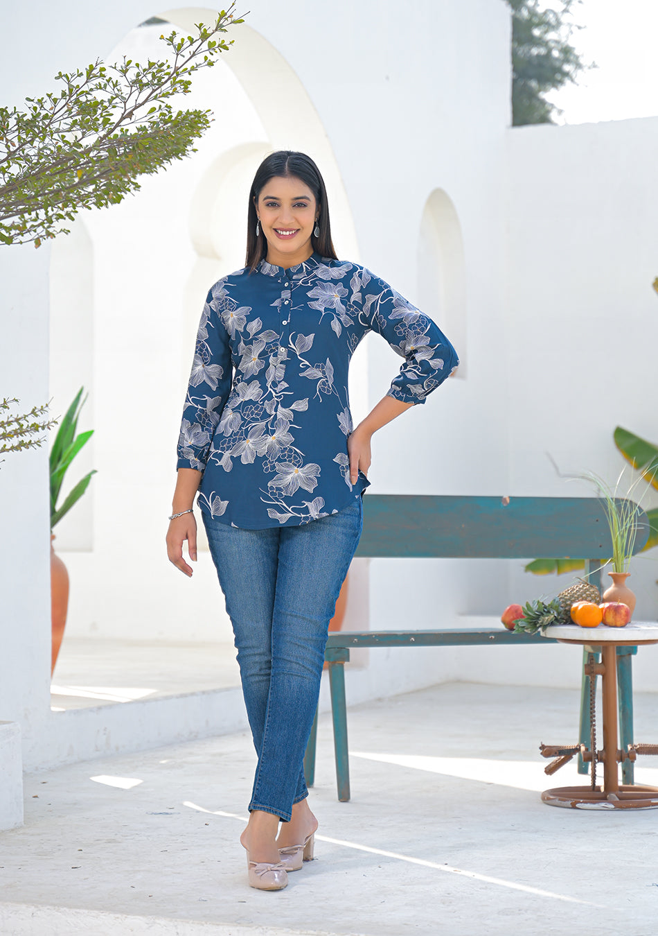 Aravalii ink blue floral print top