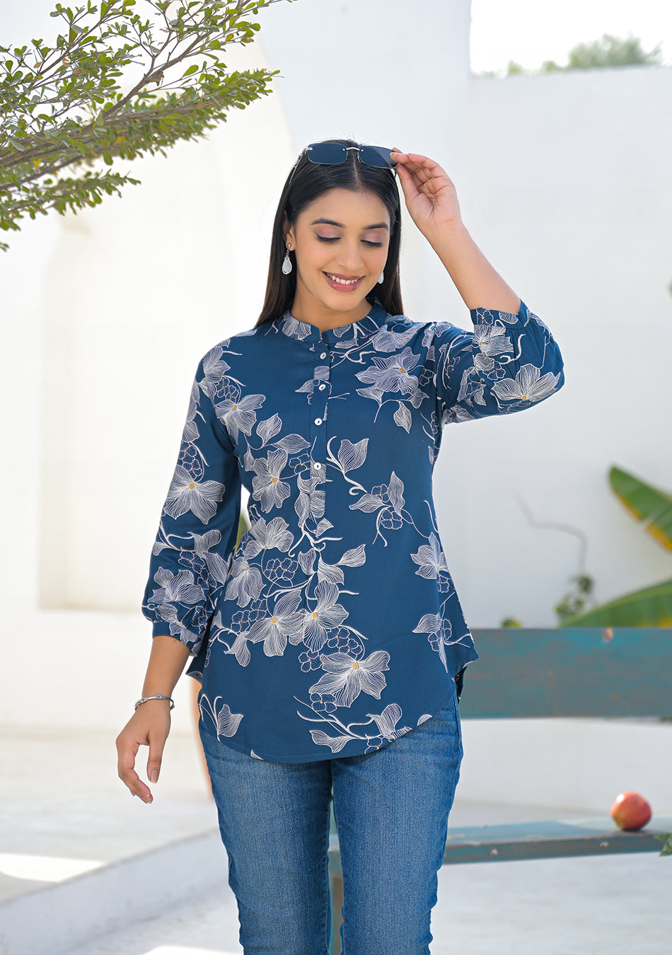 Aravalii ink blue floral print top