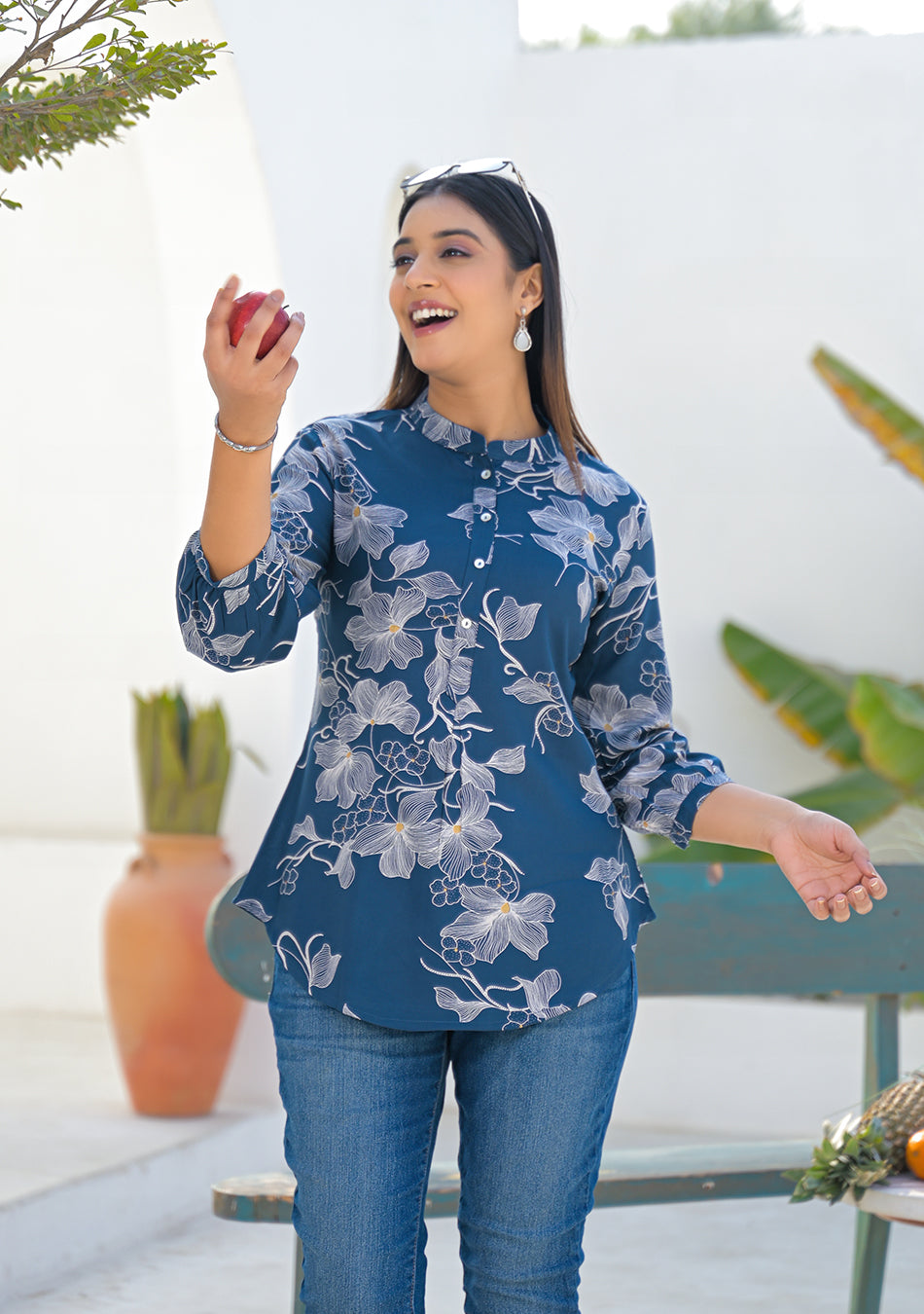 Aravalii ink blue floral print top