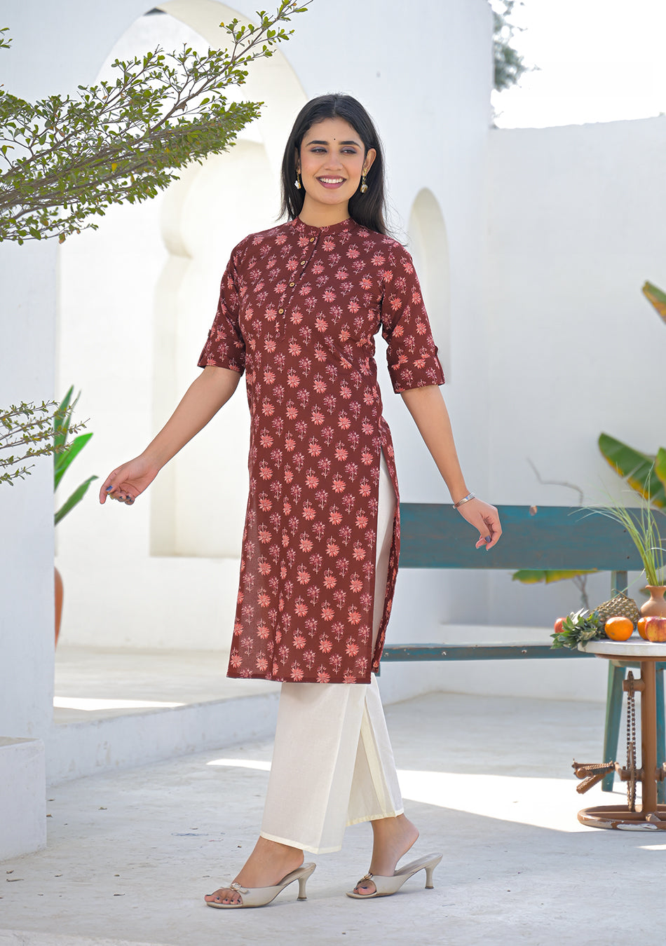 Aravalii Wine Rust Mini Floral Kurta