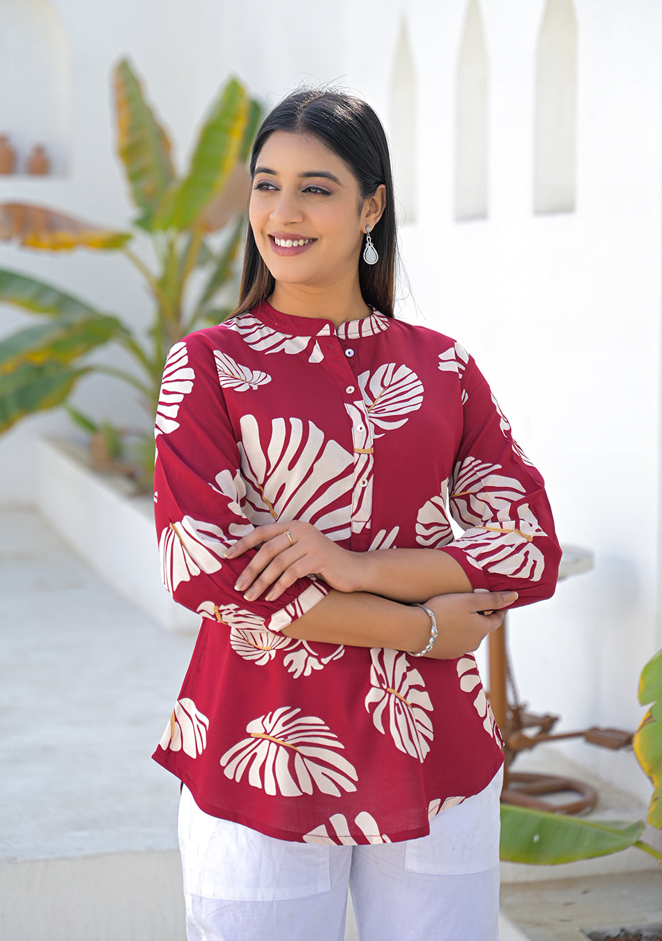 Aravalii Wine Tropical Leaf Print Top