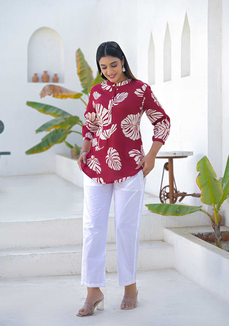 Aravalii Wine Tropical Leaf Print Top