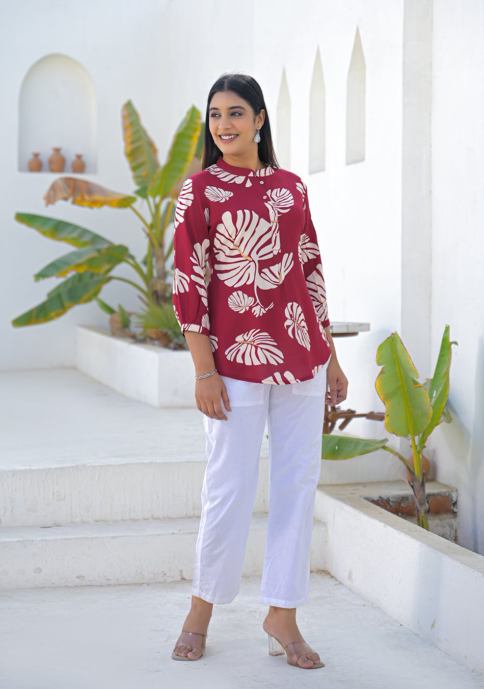 Aravalii Wine Tropical Leaf Print Top