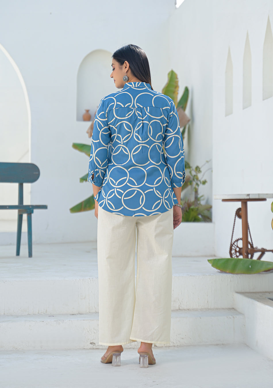 Aravalii Steel Blue Geometric Ring printed Top