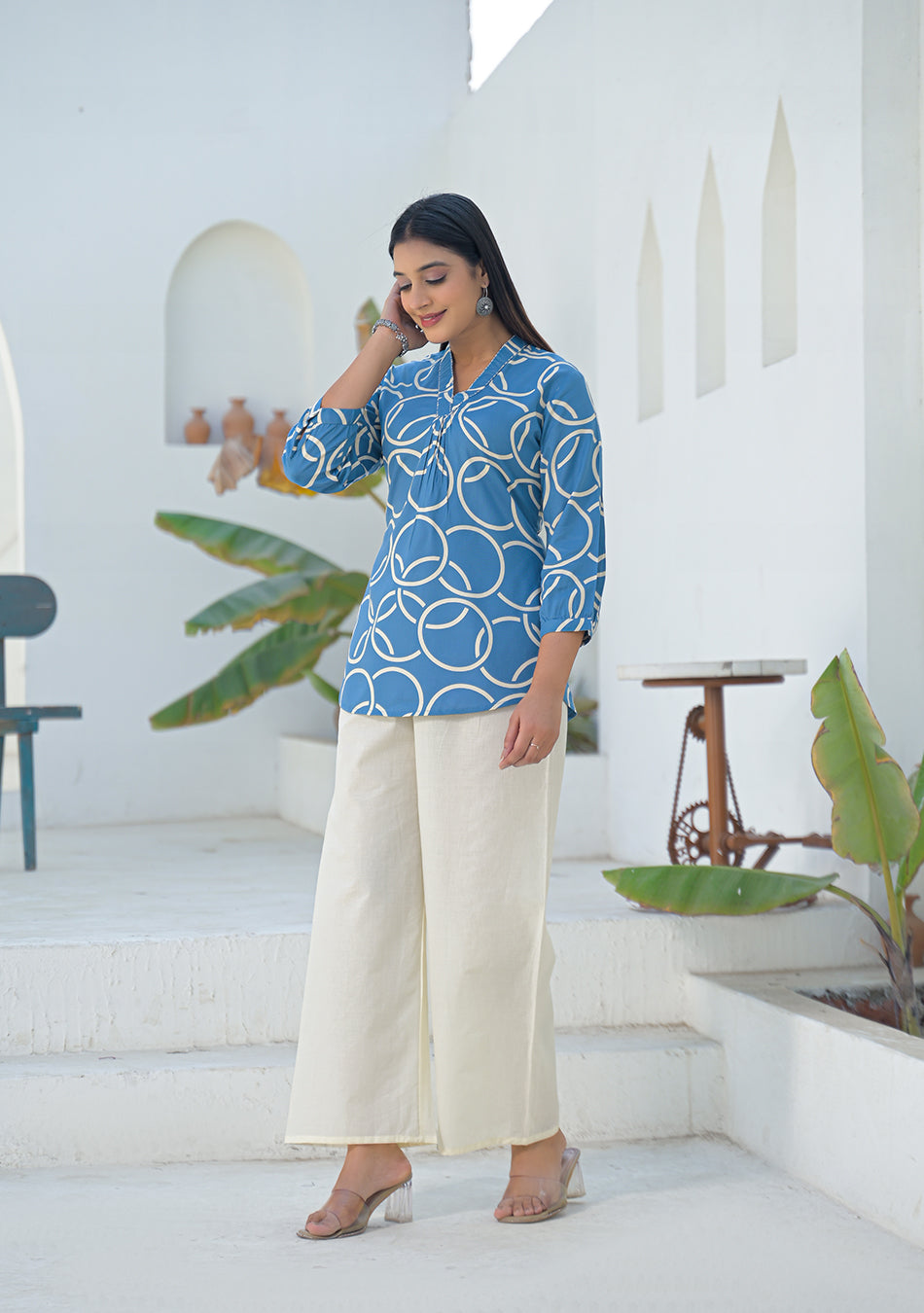 Aravalii Steel Blue Geometric Ring printed Top