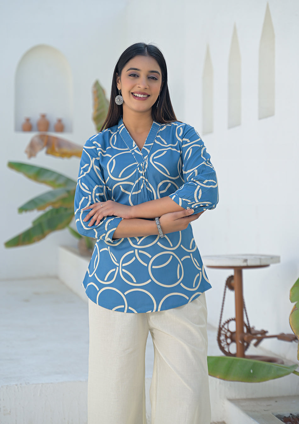 Aravalii Steel Blue Geometric Ring printed Top