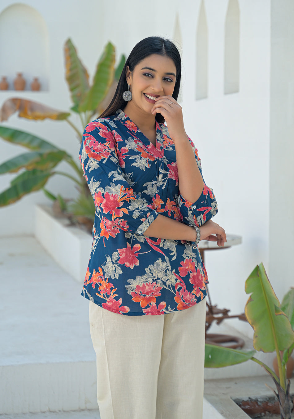 Aravalii Navy Coral Pleated Top