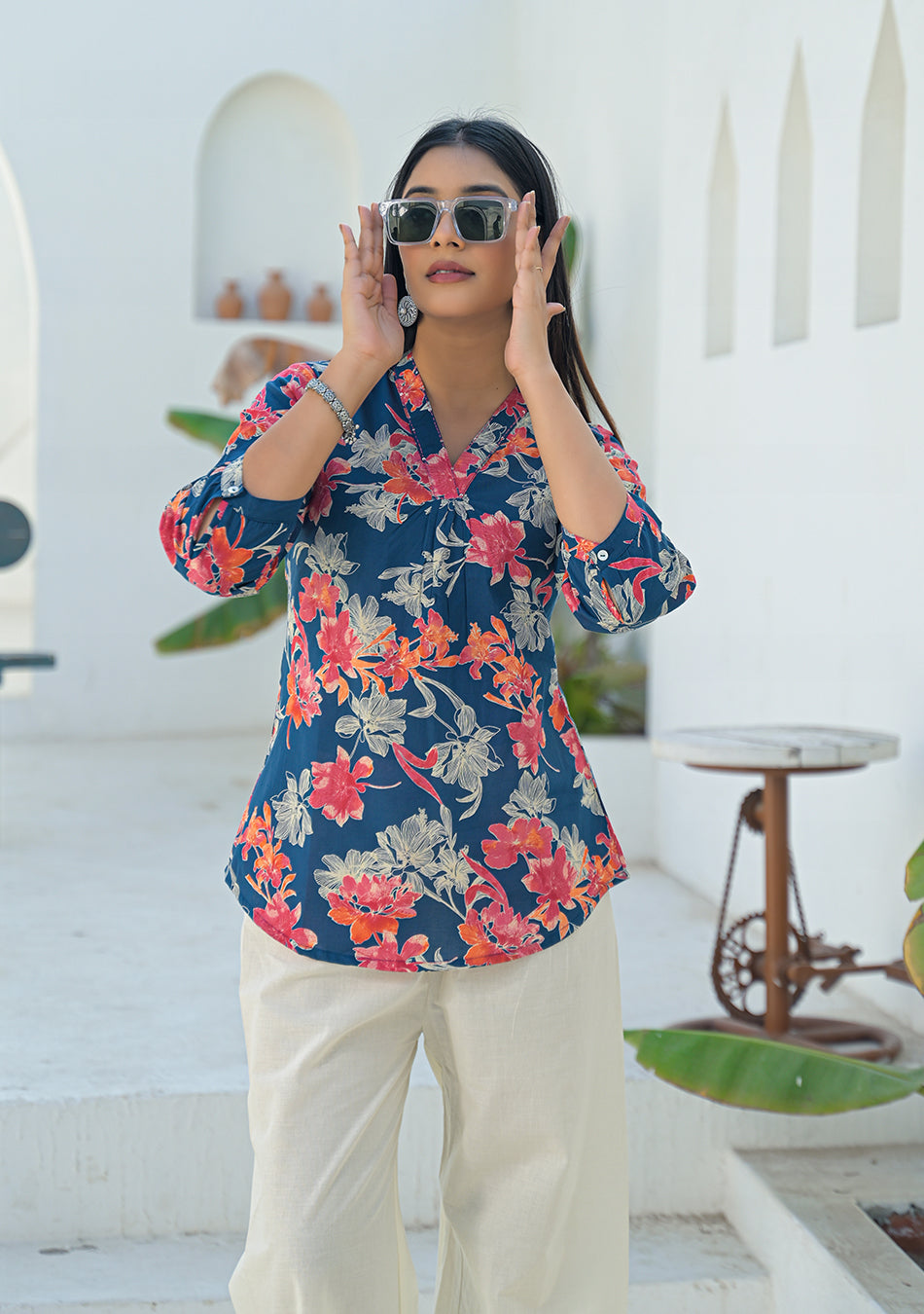 Aravalii Navy Coral Pleated Top