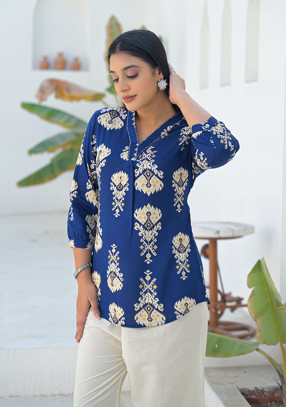 Aravalii Navy Ikkat motif pleated Top