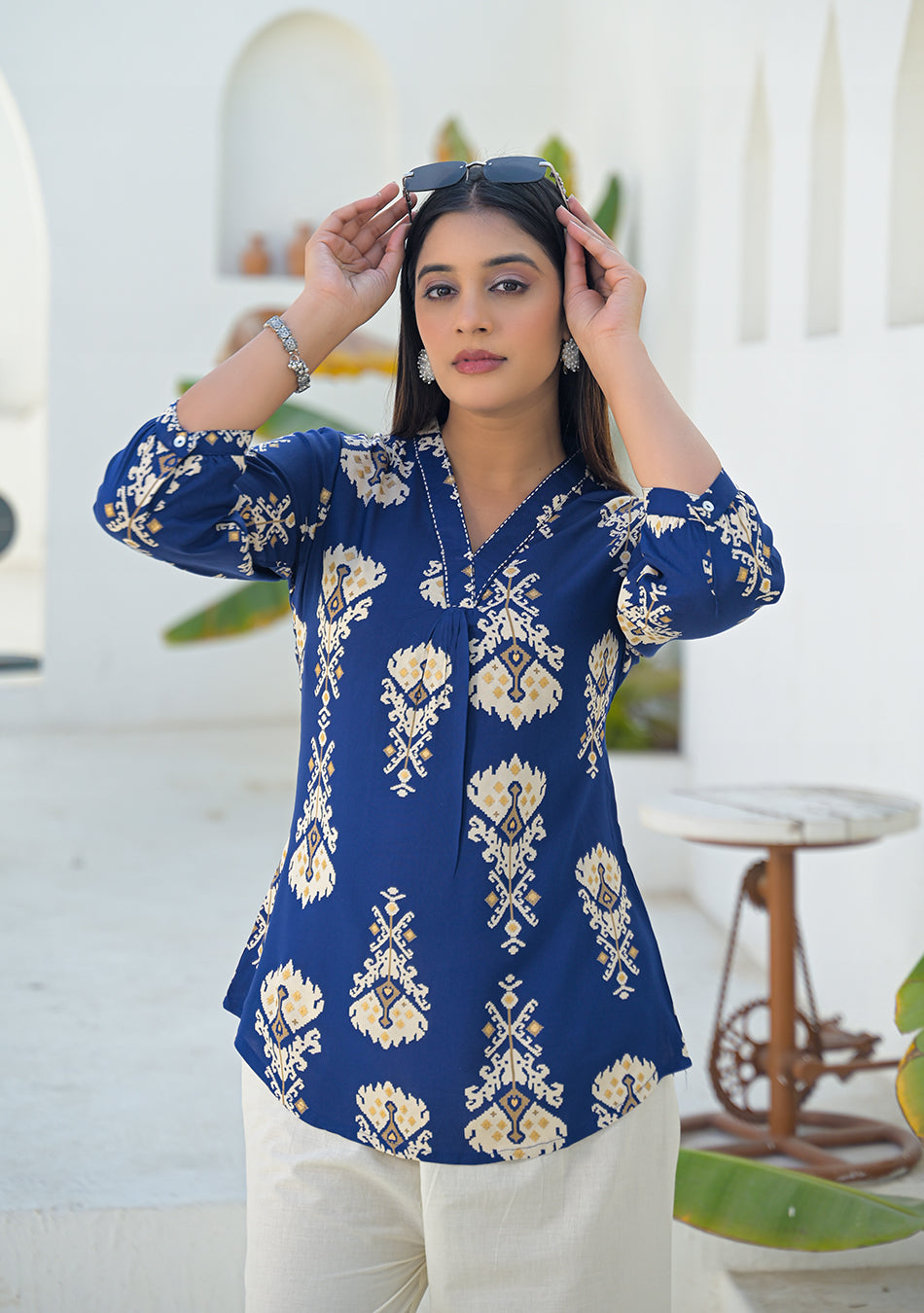 Aravalii Navy Ikkat motif pleated Top