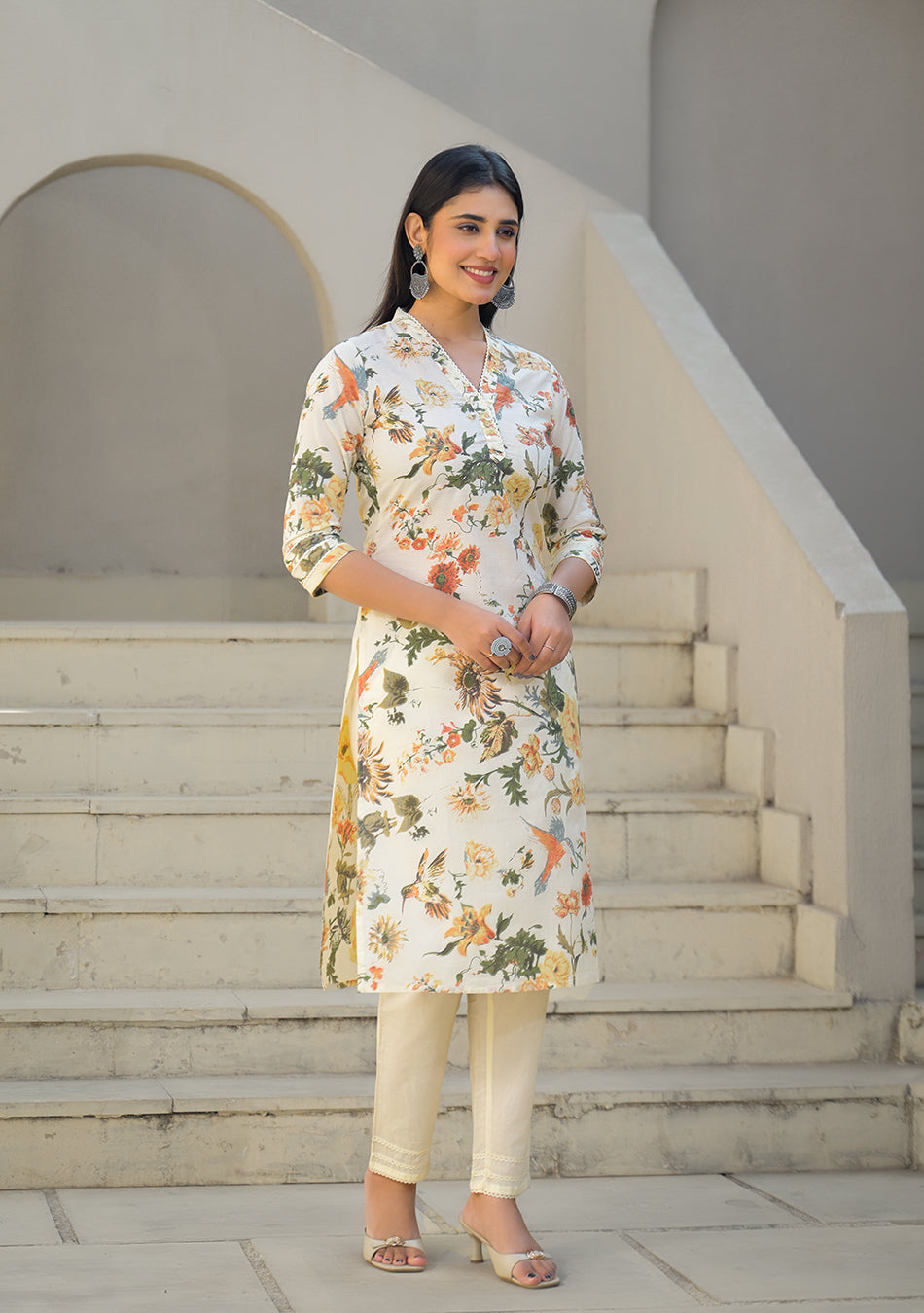 Cream Floral Printed Straight Cotton Kurta Set