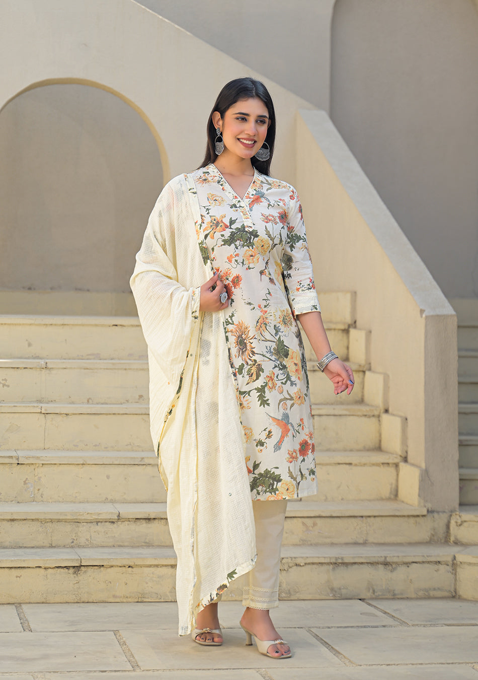 Cream Floral Printed Straight Cotton Kurta Set