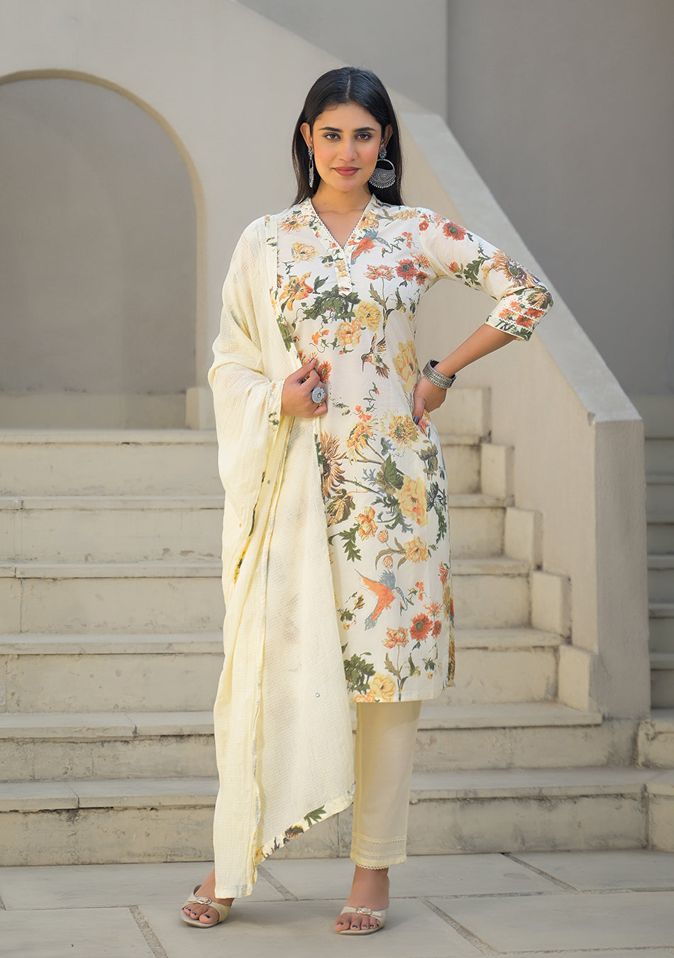 Cream Floral Printed Straight Cotton Kurta Set