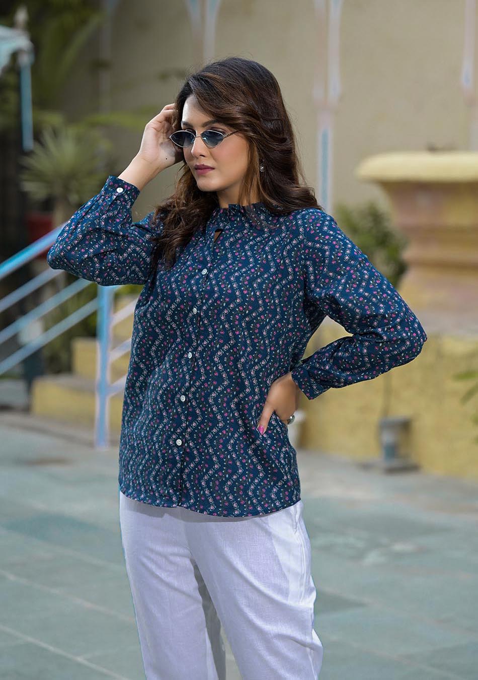 Blue Zig Zag floral print Top