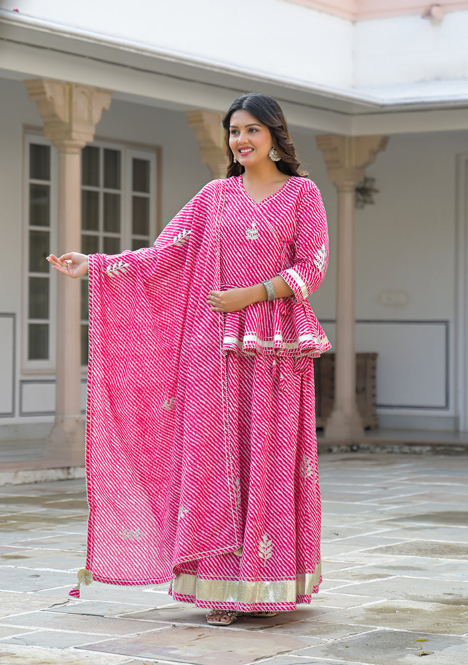 Aravalii Pink Lehriya Cotton Peplum Lehenga Set