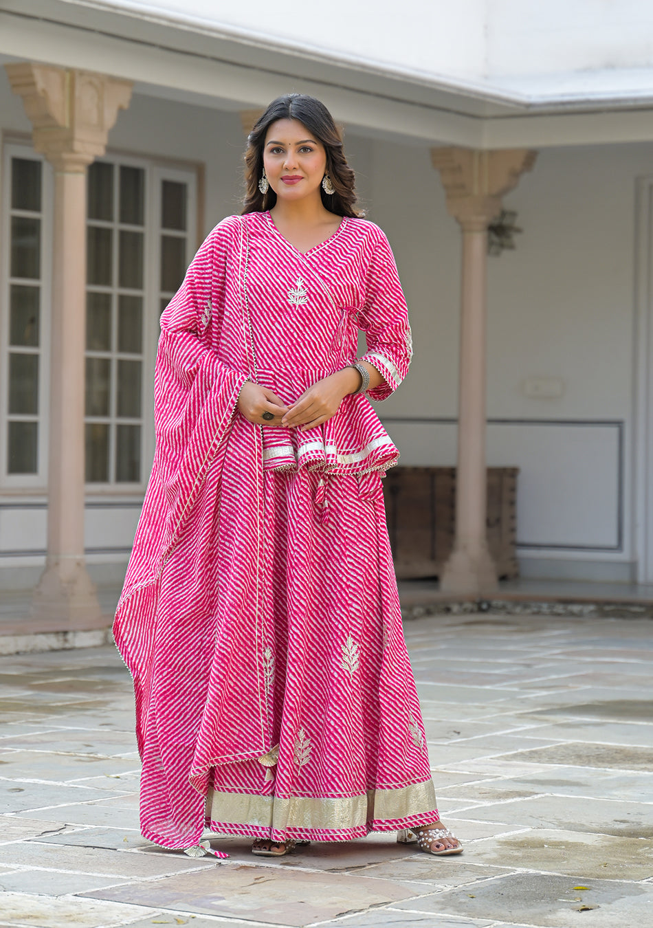 Aravalii Pink Lehriya Cotton Peplum Lehenga Set