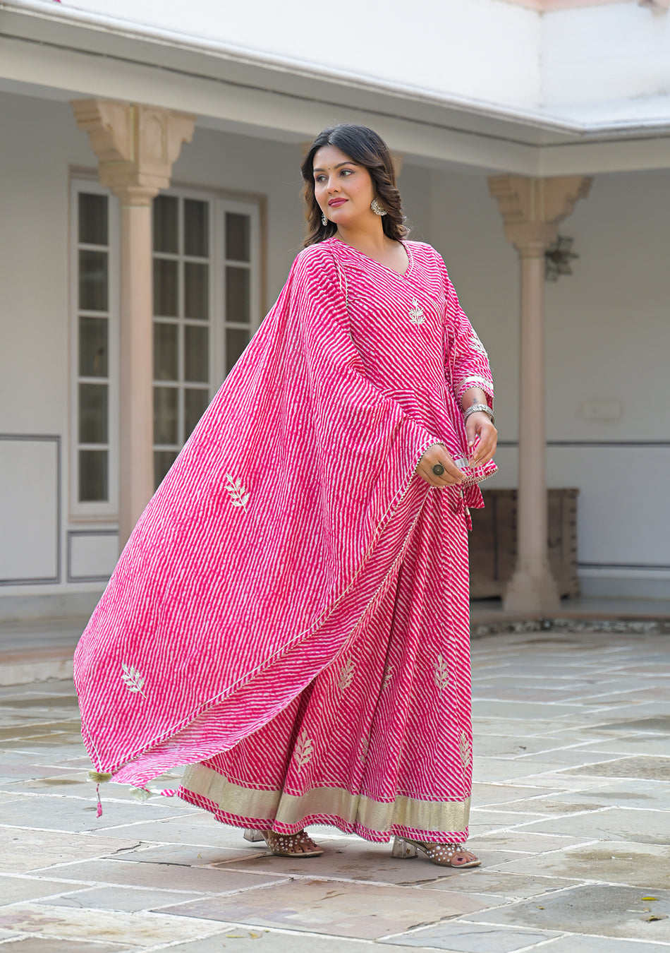 Aravalii Pink Lehriya Cotton Peplum Lehenga Set