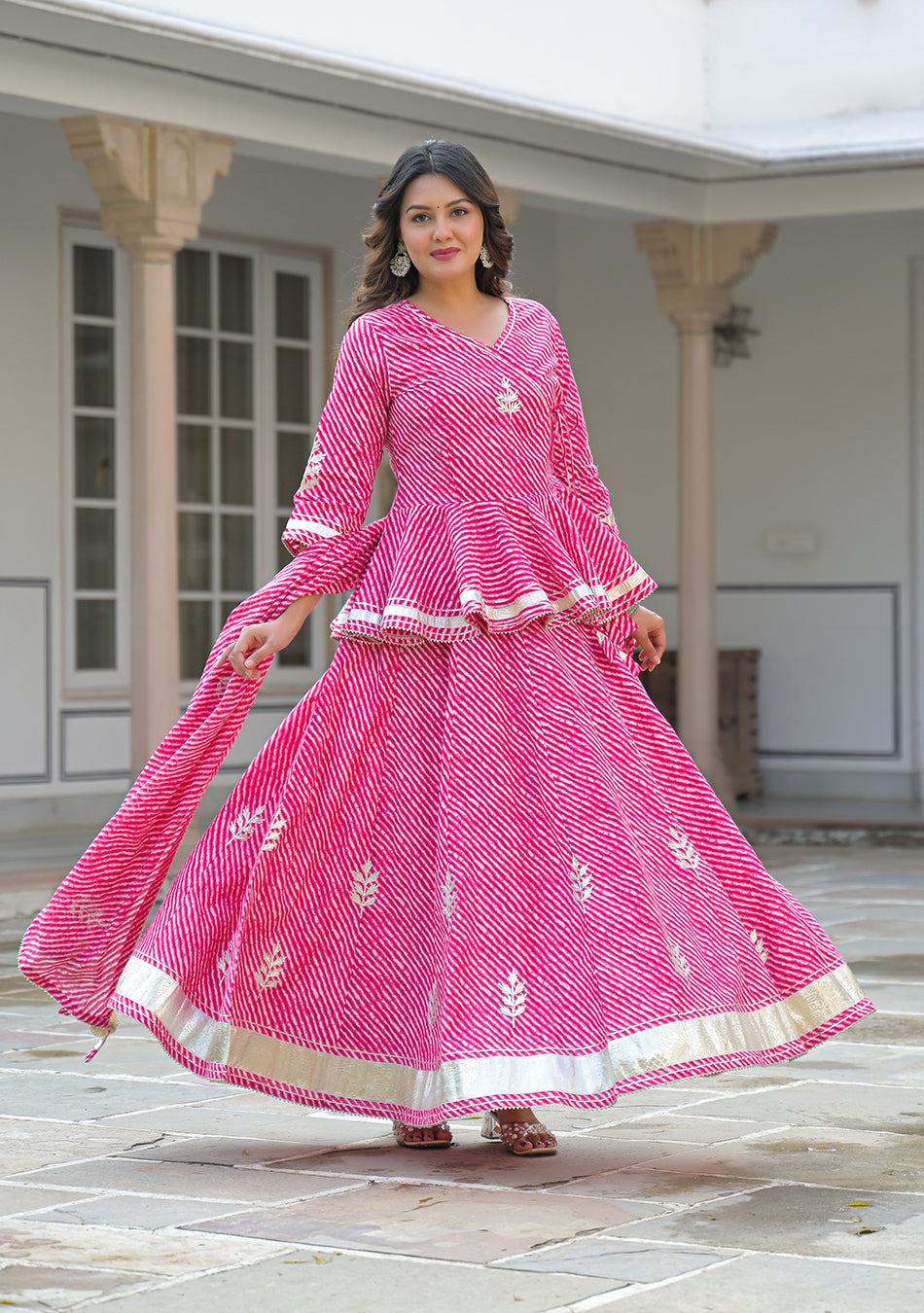 Aravalii Pink Lehriya Cotton Peplum Lehenga Set