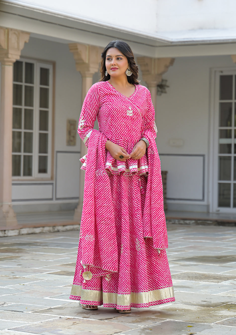 Aravalii Pink Lehriya Cotton Peplum Lehenga Set