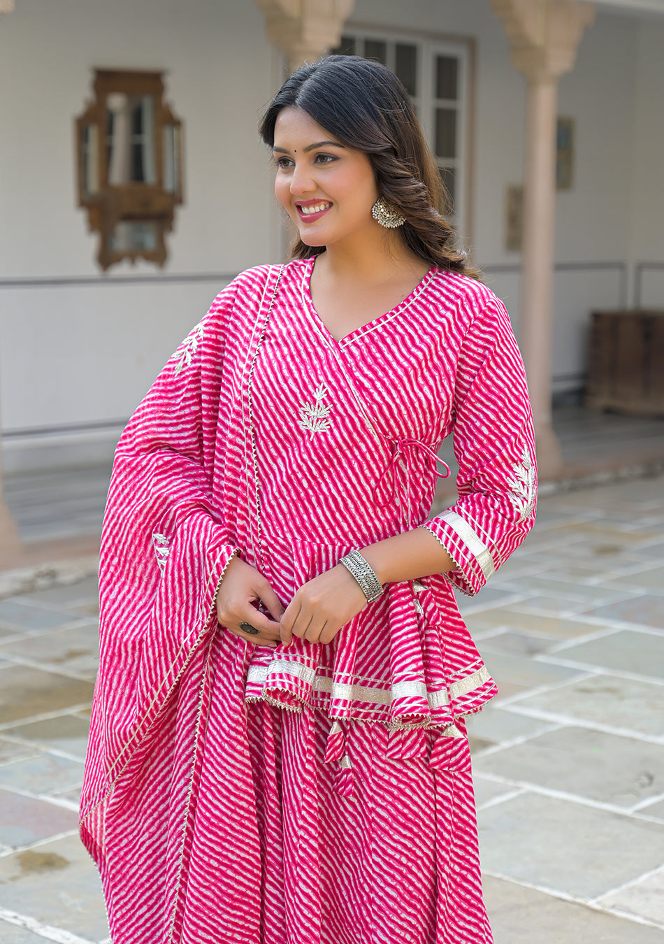 Aravalii Pink Lehriya Cotton Peplum Lehenga Set