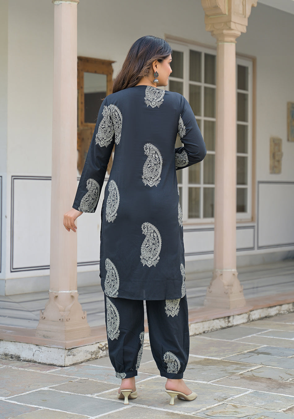 Black paisley Kurta and Cuffed Hem Pant Set
